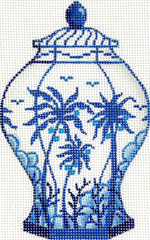 OM-328 - Mini Chinese Vase - Tall Blue and White with Palm Trees