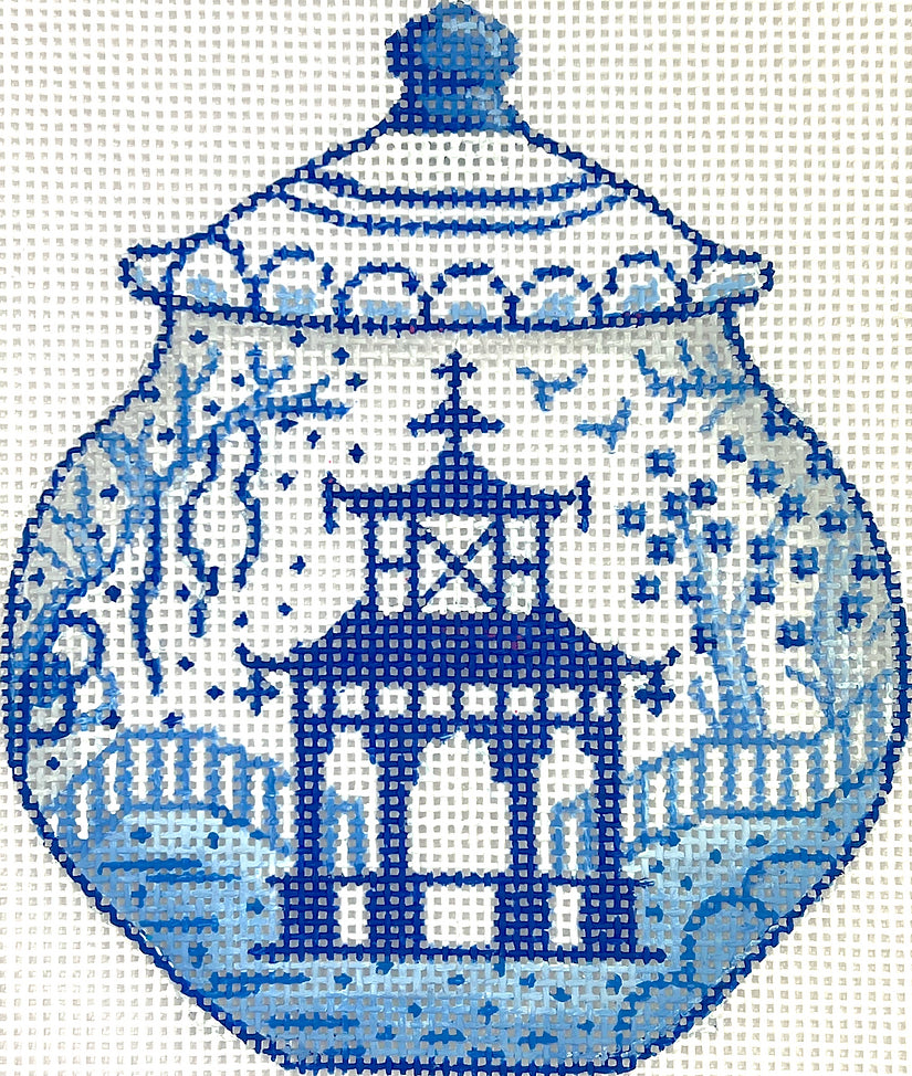 OM-329 - Mini Chinese Vase - Tall Blue and White with Pagoda and Trees