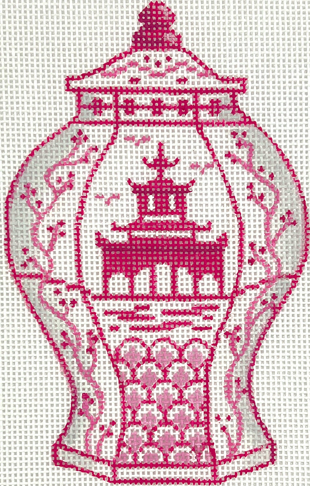 OM-332 - Mini Chinese Vase - Tall Raspberry and White with Pagoda and Flowering Branches