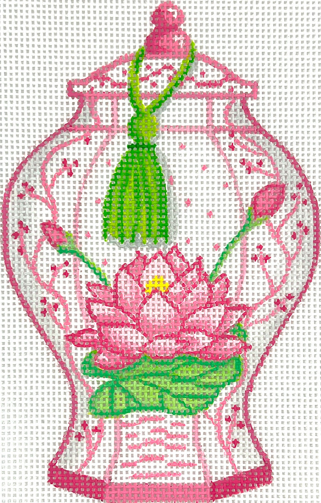 OM-334 - Mini Chinese Vase - Tall Pink, Green and White with Lotus Flower and Green Tassel