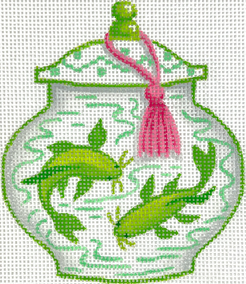 OM-335 - Mini Chinese Vase - Short Lime and White with Koi Fish and Pink Tassel