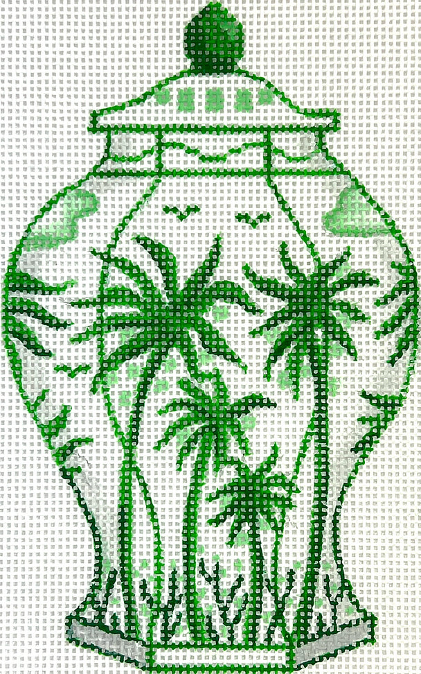 OM-336 - Mini Chinese Vase - Tall Green and White with Palm Trees and Coconuts