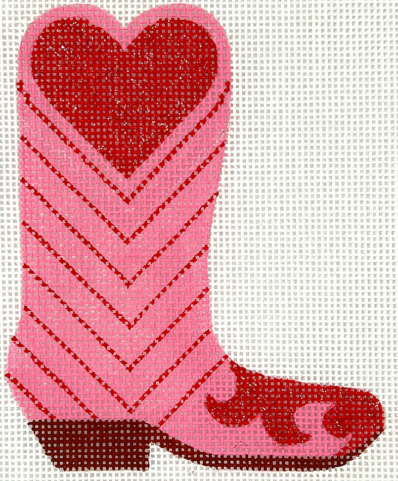 OM-379 - Mini Cowgirl Boot - Pink with Red Heart and Chevrons