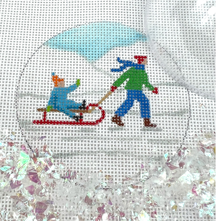 OMD-10 - Clear Dome and Confetti - Child Pulling Toddler on Sled