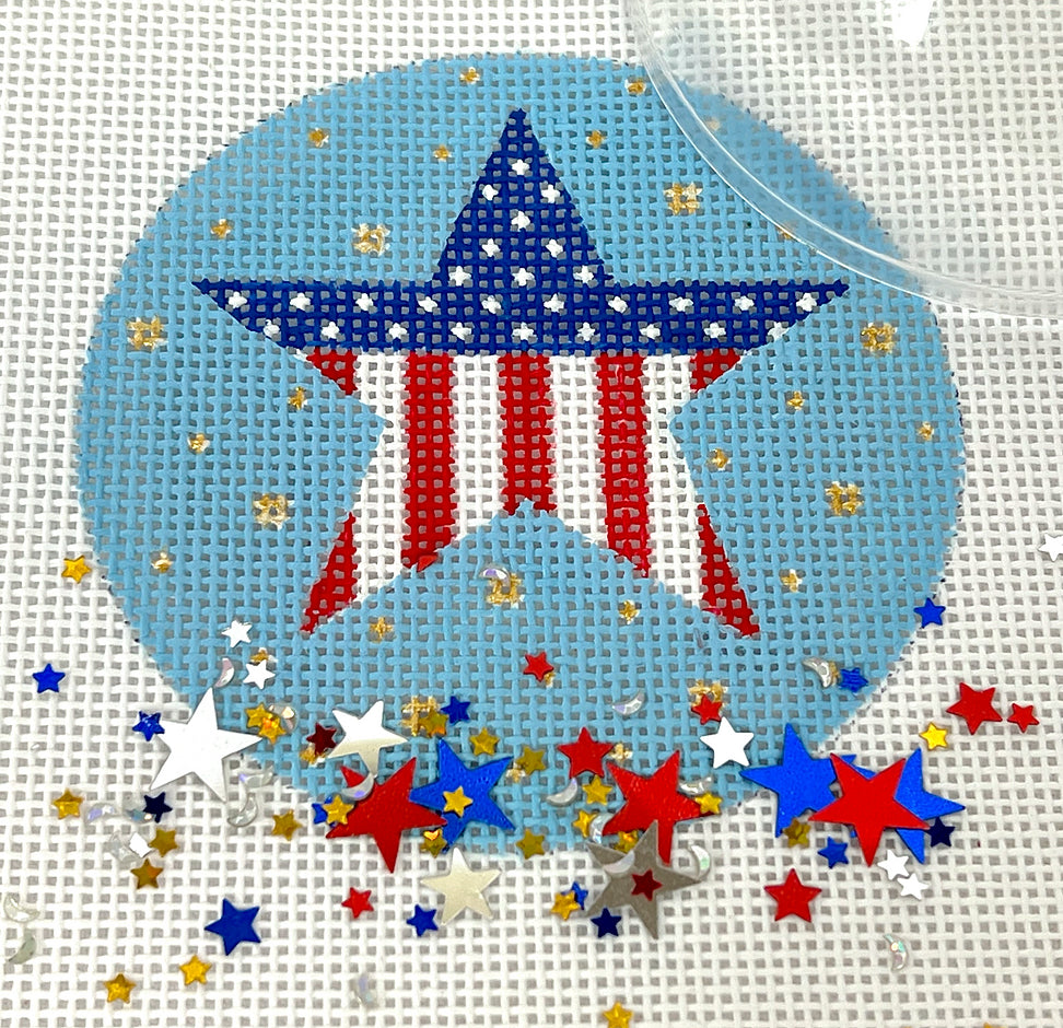 OMD-26 - Clear Dome and Confetti - Patriotic - Star with Gold Fireworks on Sky Blue