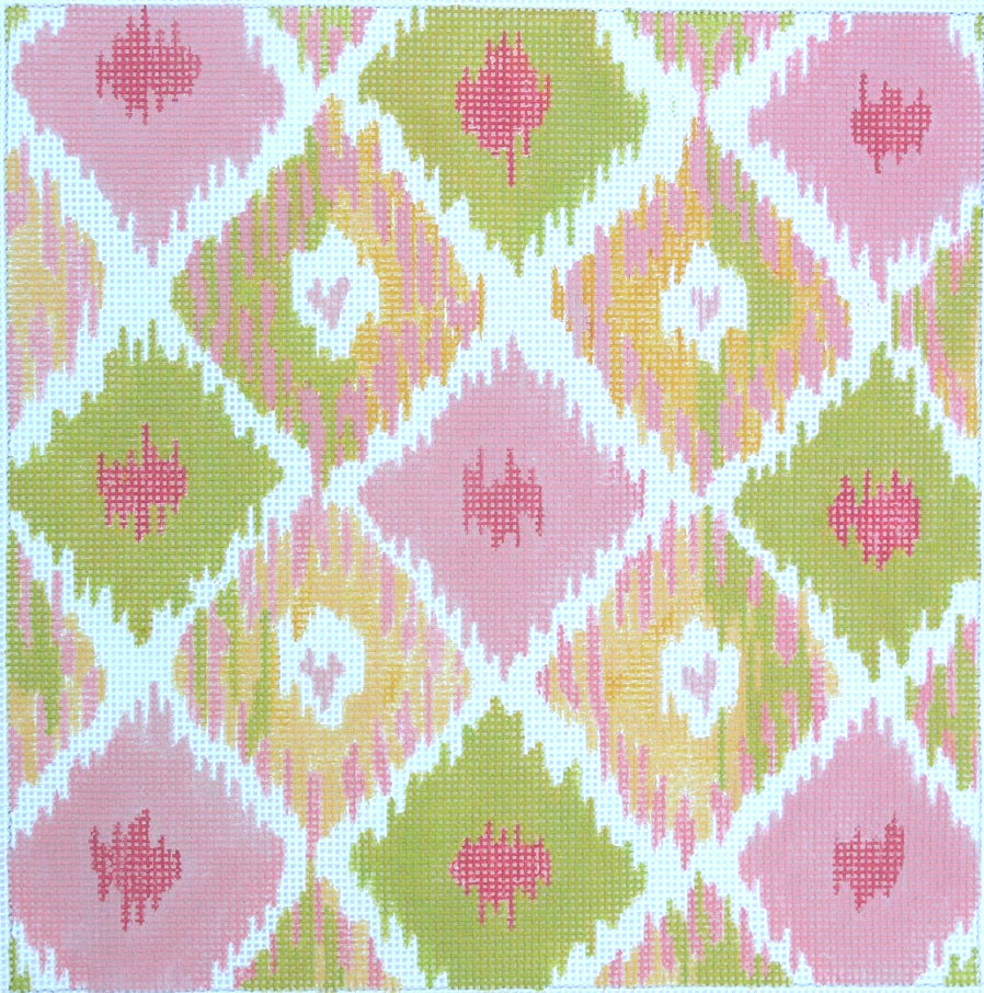 PL-134 - Ikat Diamonds with Four Hearts - Pinks and Green with Sun Yellow