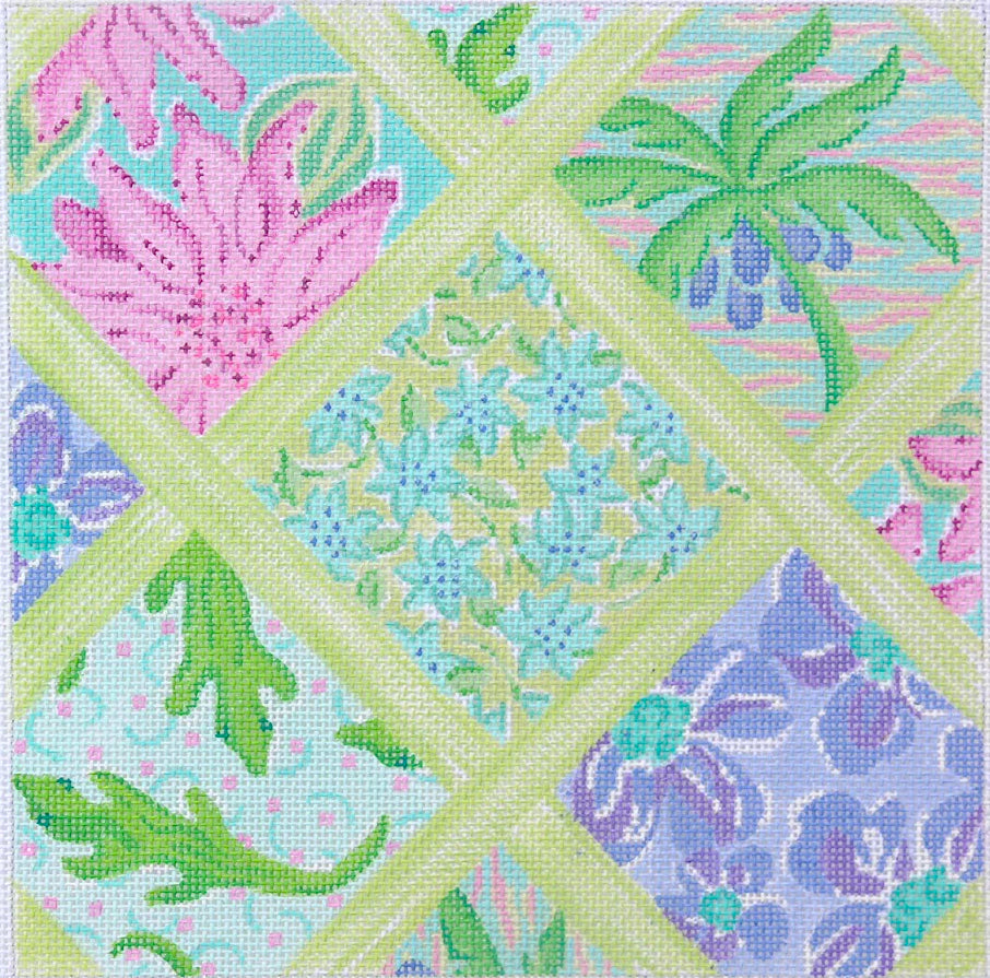 PL-28 - Medium Square Lilly-Inspired Lattice Patchwork - Turquoise, Periwinkle, Violet and Green