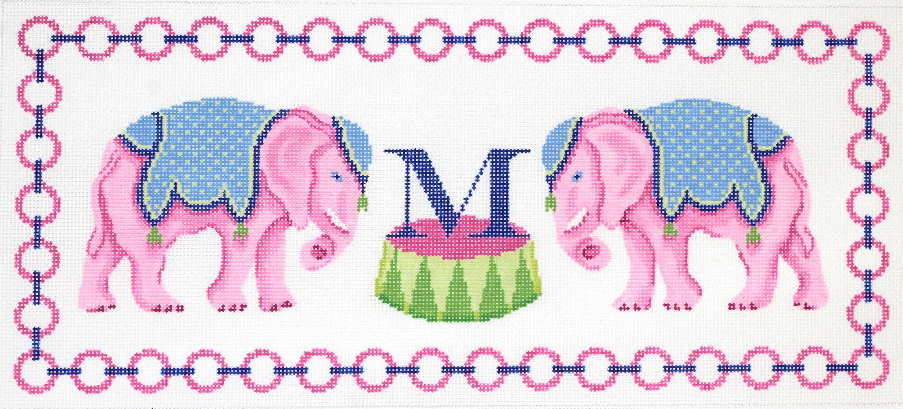 PL-417 - Pink Elephants with Jewelry Chain Border & Monogram Space - Pinks/Blues/Greens