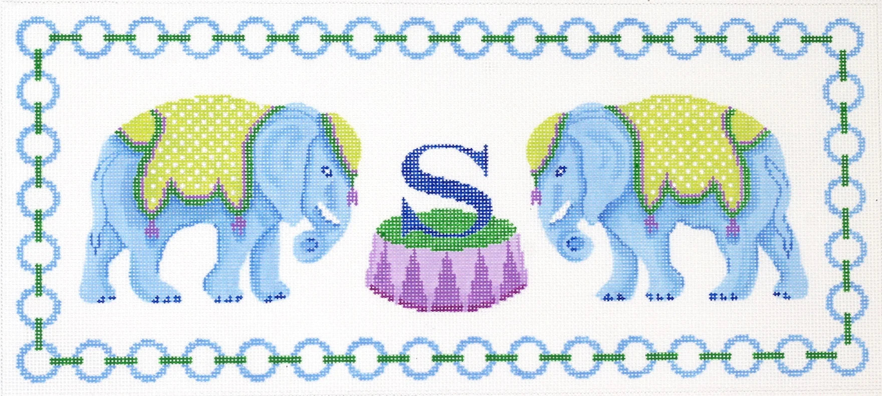 PL-418 - Blue Elephants with Jewelry Chain Border & Monogram Space - Purples/Blues/Greens