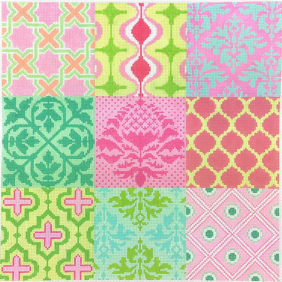 PL-423 - Damask Wallpaper Patchwork - Pinks, Greens and Turquoise