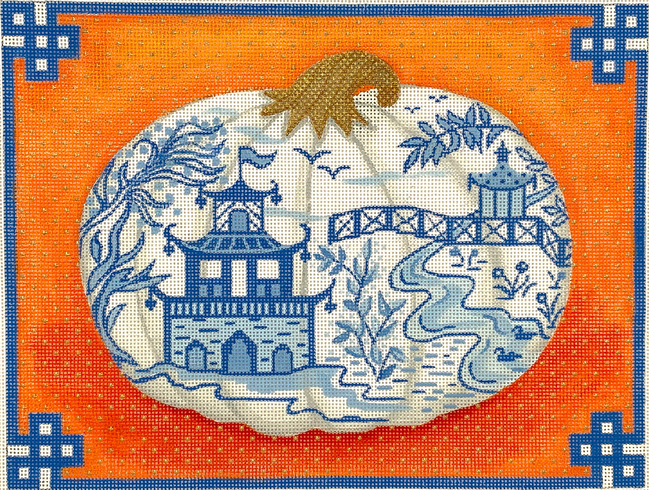 PL-469 - Chinoiserie Porcelain Pumpkin with Chinese Border - Blues/Oranges/Gold