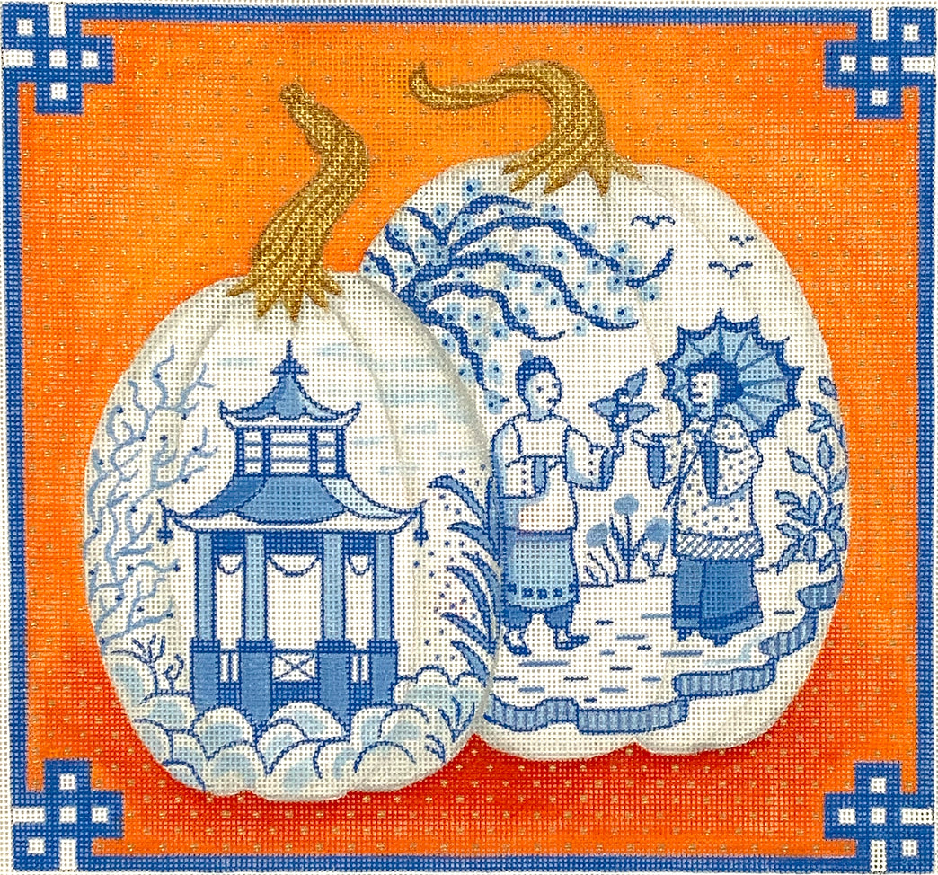 PL-470 - Chinoiserie Porcelain Pumpkins with Chinese Border - Blues/Oranges/Gold