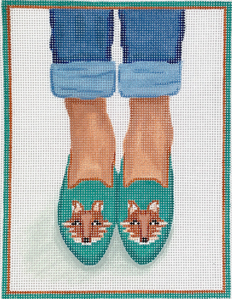 PL-473 - Here's Looking at Shoe - Needlepoint Fox Head Loafers - Tans on Teal