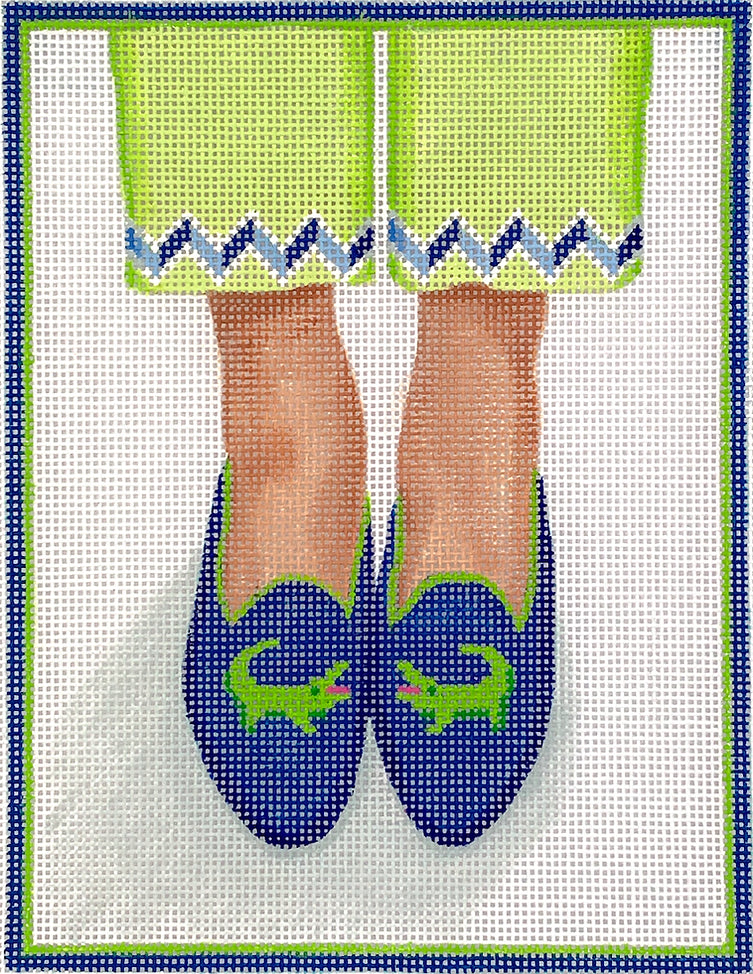 PL-476 - Here's Looking at Shoe - Needlepoint Gator Loafers - Greens on Navy