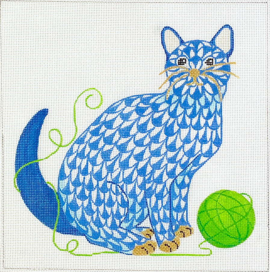 SST-513 - Herend-inspired Fishnet Cat with Ball of Yarn - Blue