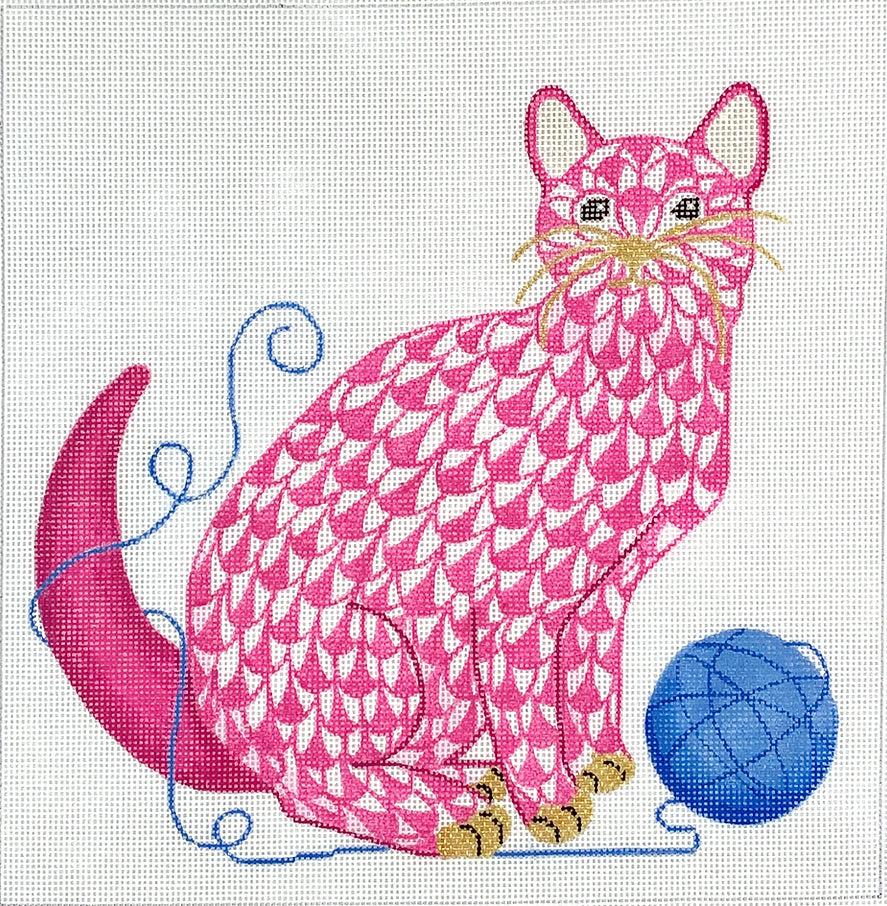 PL-513 - Herend-Inspired Fishnet Cat with Ball of Yarn - Pink/Blue/Gold