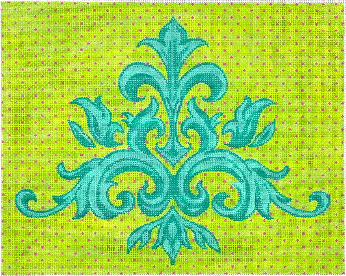 PL-529 - Leafy Damask Pattern - Turquoise on Bright Lime with Fuchsia Dots (Retiring)