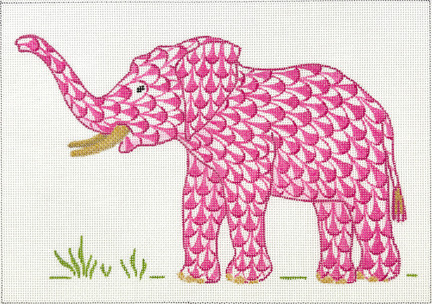 PL-547 - Herend-inspired Fishnet Elephant with Trunk Up - Pink with Gold