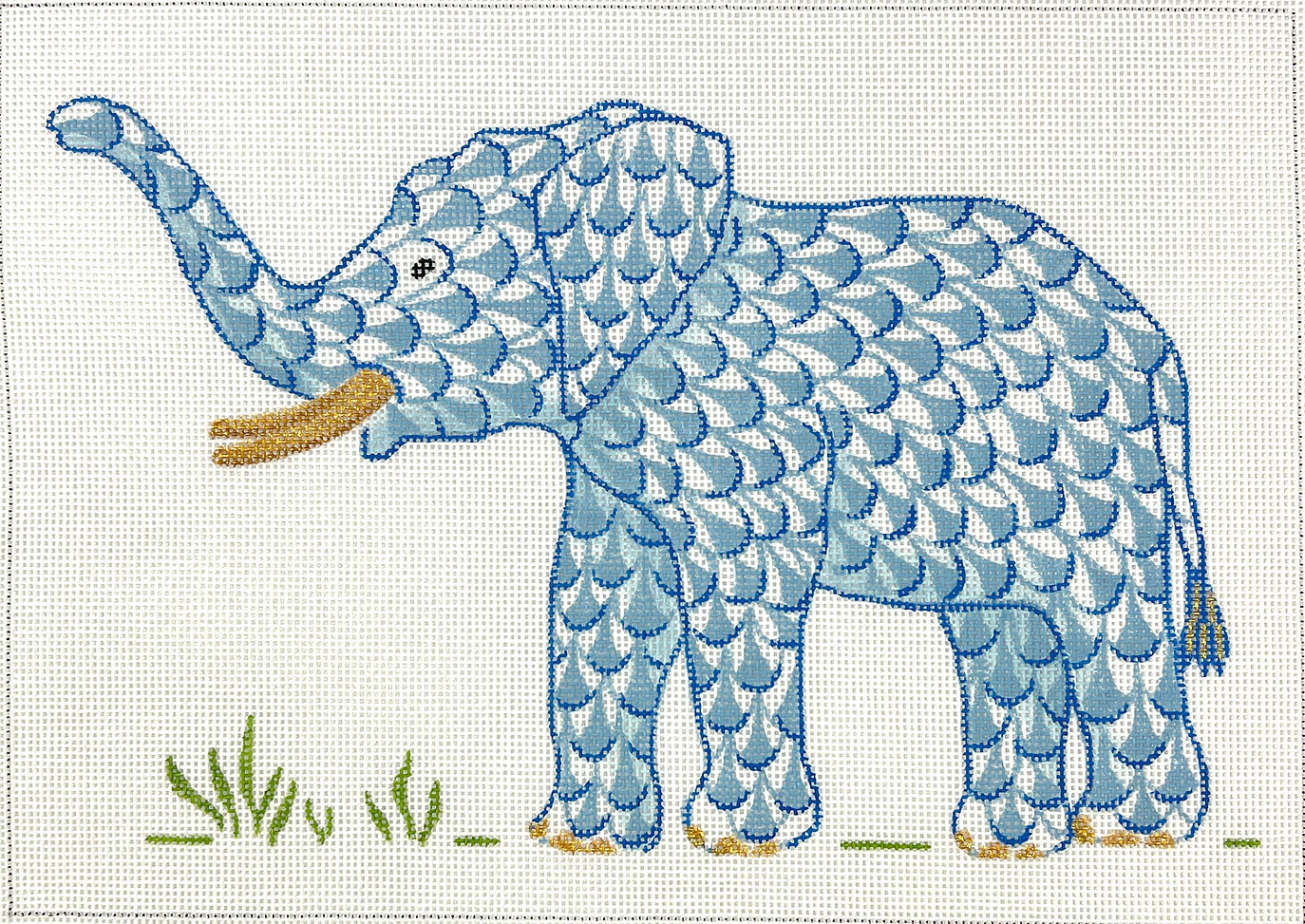 PL-548 - Herend-inspired Fishnet Elephant with Trunk Up - Blue with Gold