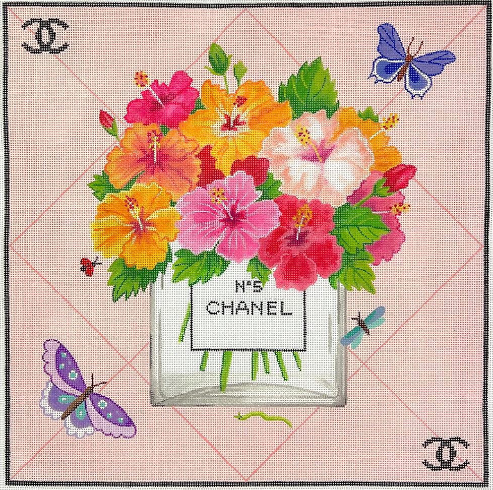 PL-567 - Chanel-Inpired Flowers in No. 5 Bottle with Butterflies on Blush Pink