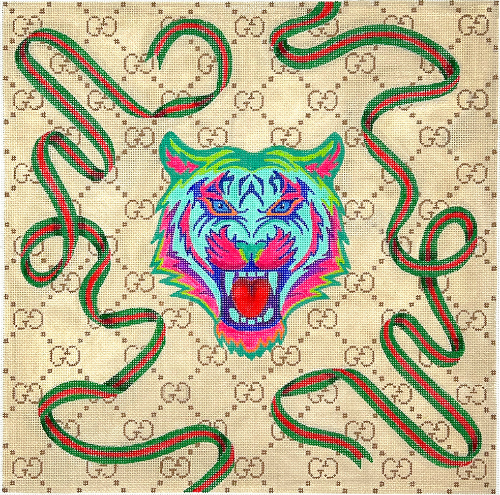 PL-571 - Gucci-Inpired Tiger with Green and Red Swirling Ribbons