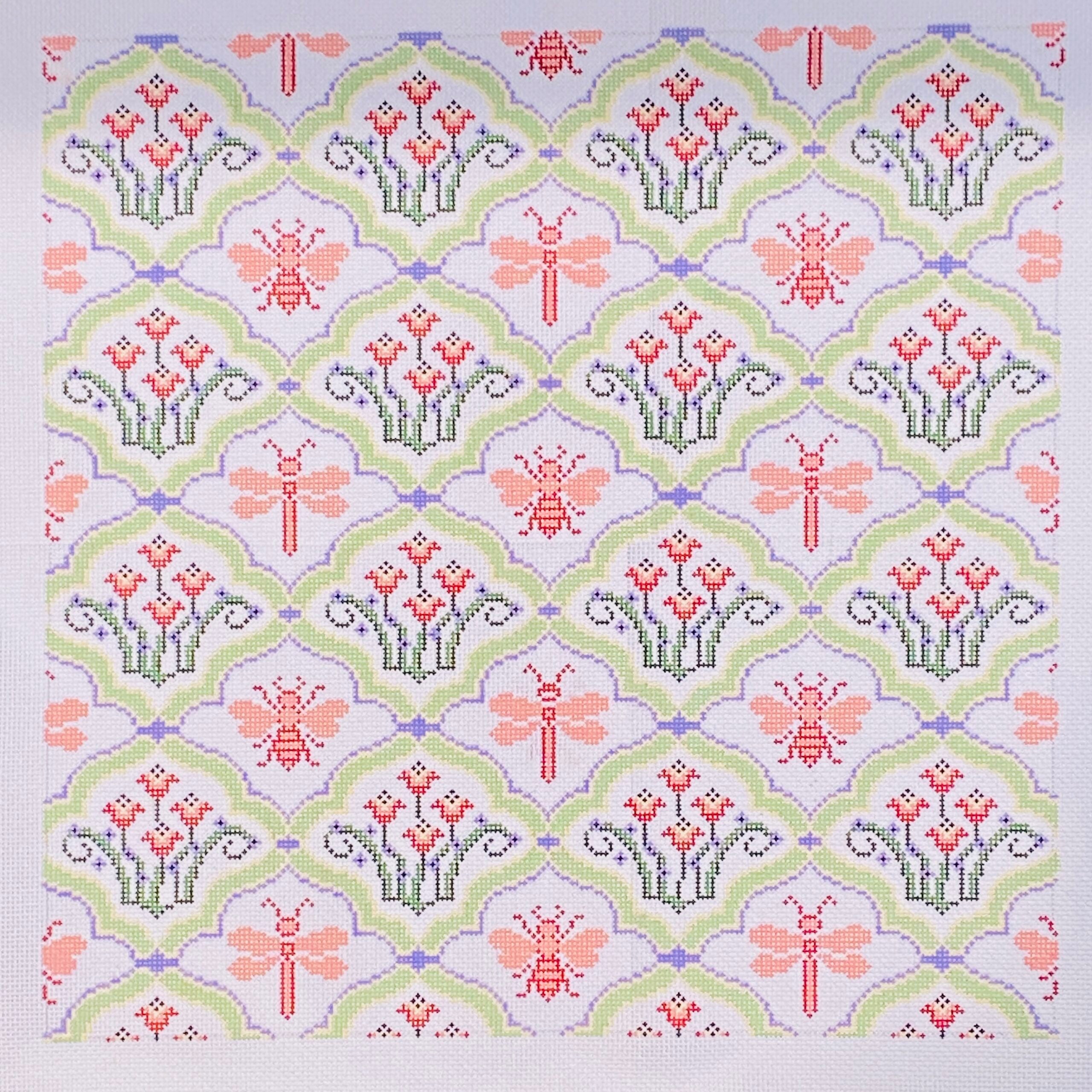PO 97A - Floral Bees and Dragonflies Pillow - Salmon
