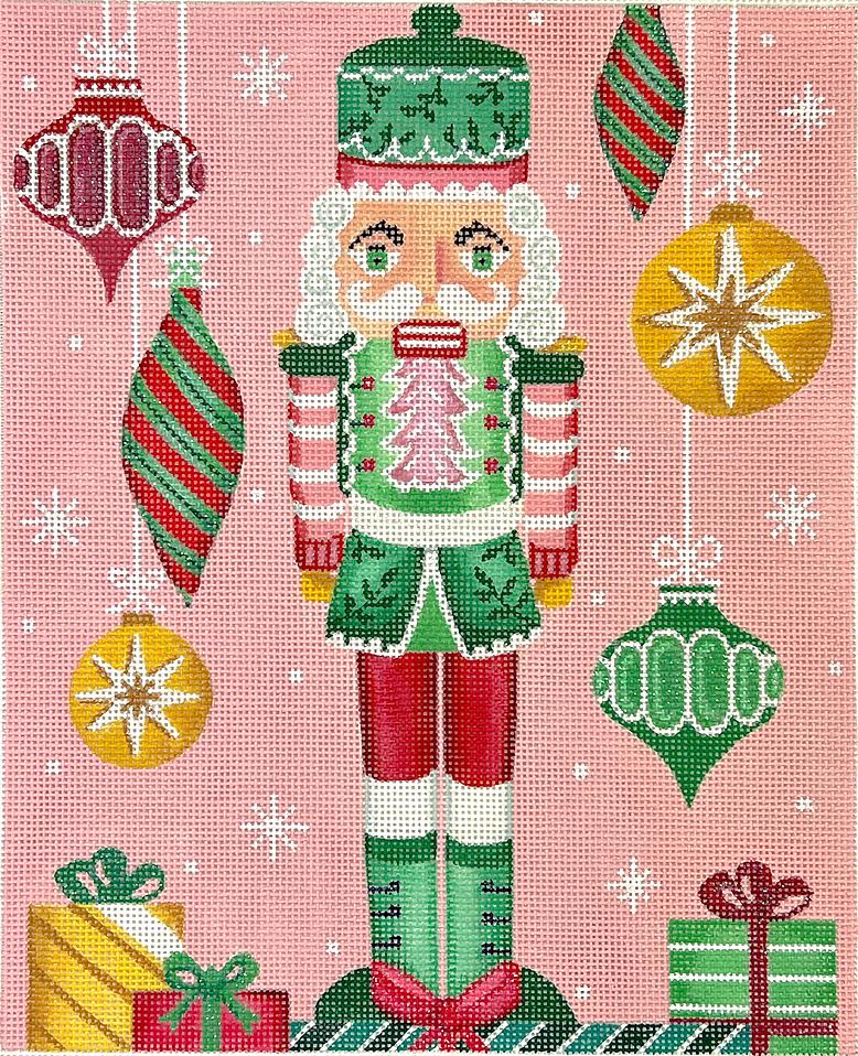 RH-PL-01 - Pink & Green Nutcracker with Hanging Baubles