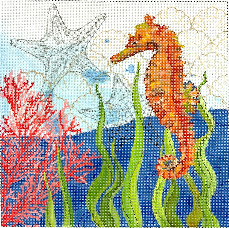 SER-PL-09 -Oceana Seahorse with Coral, Seawee, Shells and Starfish