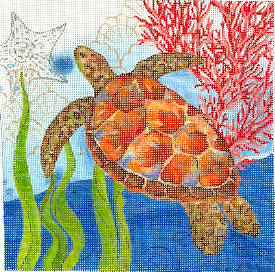 SER-PL-10 -Oceana Turtle with Coral, Seawee, Shells and Starfish