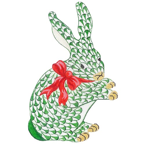 SST-218 - Herend-inspired Fishnet Bunny with Bow - Standing Emerald