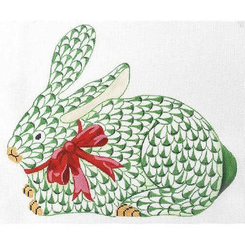 SST-219 - Herend-inspired Fishnet Bunny with Bow - Crouching Emerald