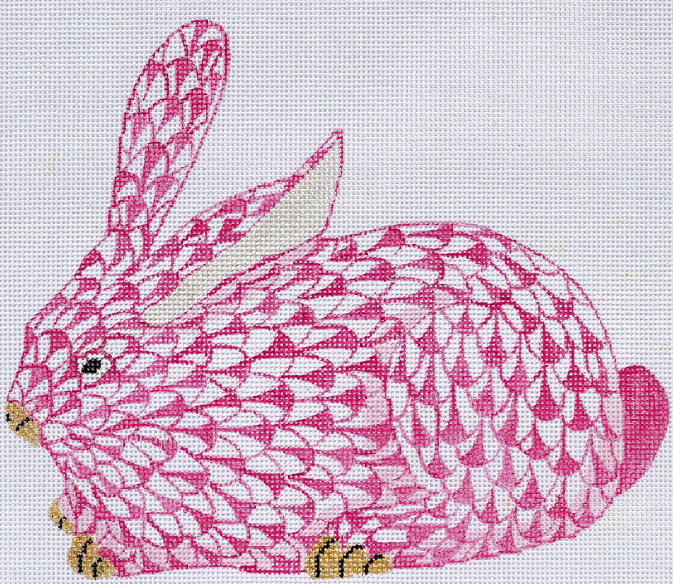 SST-31L- Herend-inspired Crouching Fishnet Bunny - Pink Left Facing