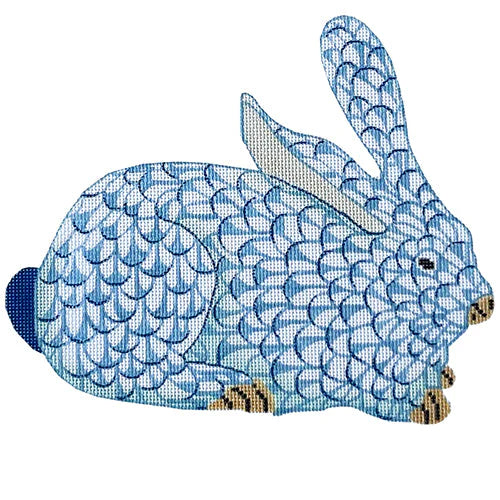 SST-32R - Herend-inspired Crouching Fishnet Bunny - Blue Right Facing