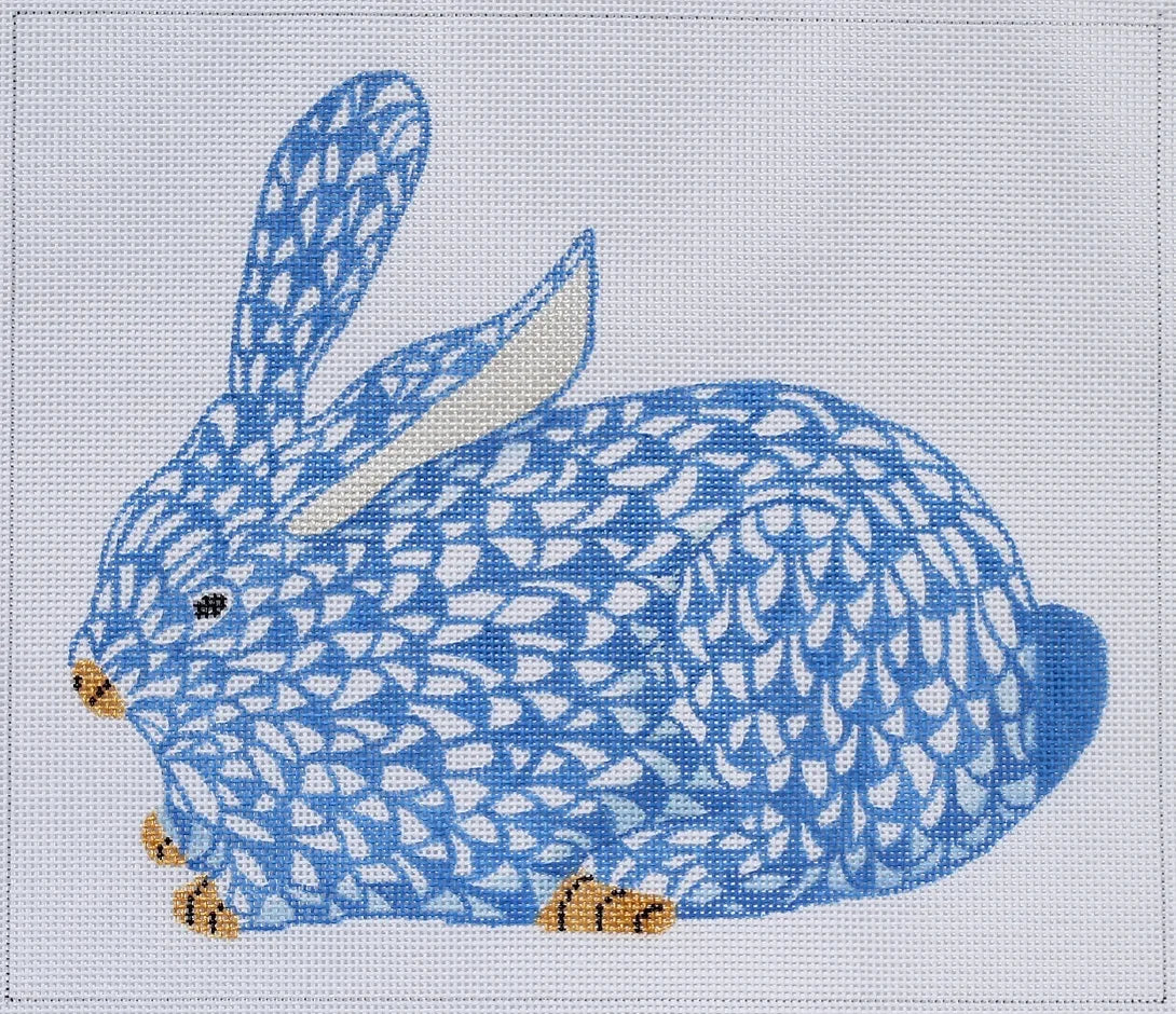 SST-32L- Herend-inspired Crouching Fishnet Bunny - Blue Left Facing