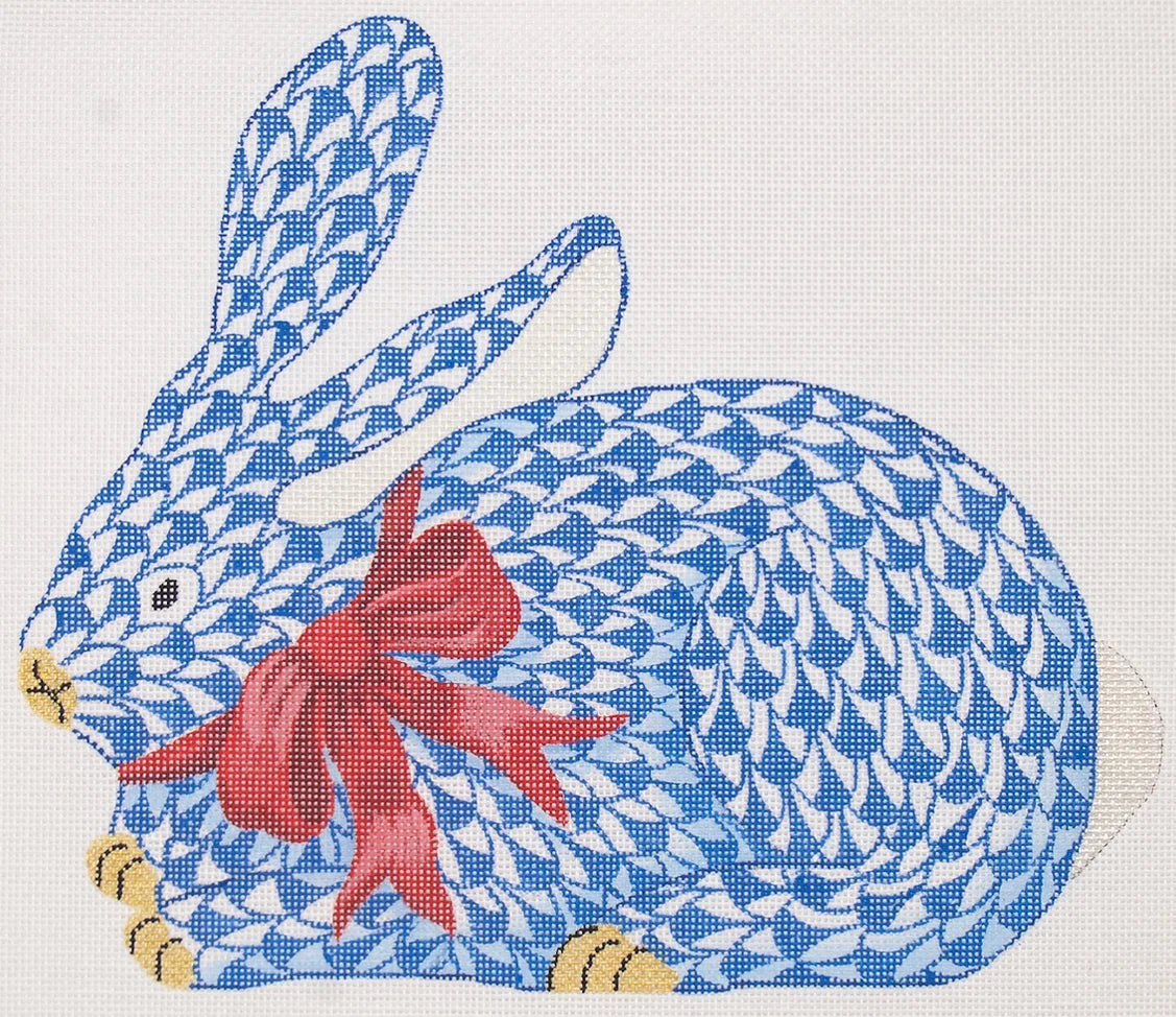 SST-332 - Herend-inspired Fishnet Bunny with Bow - Crouching Red