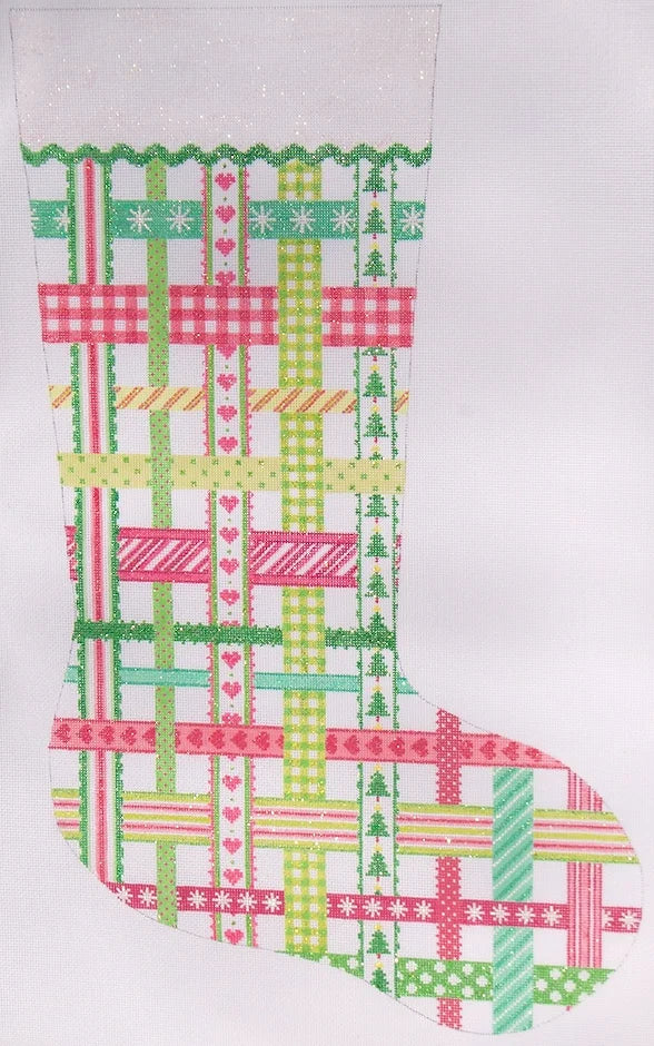 STK-14 - Stocking - Woven Ribbons - Pinks and Greens