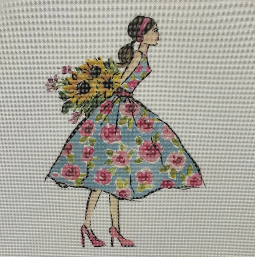 ECT1128B - Lady with Pink Flower Dress and Sunflowers