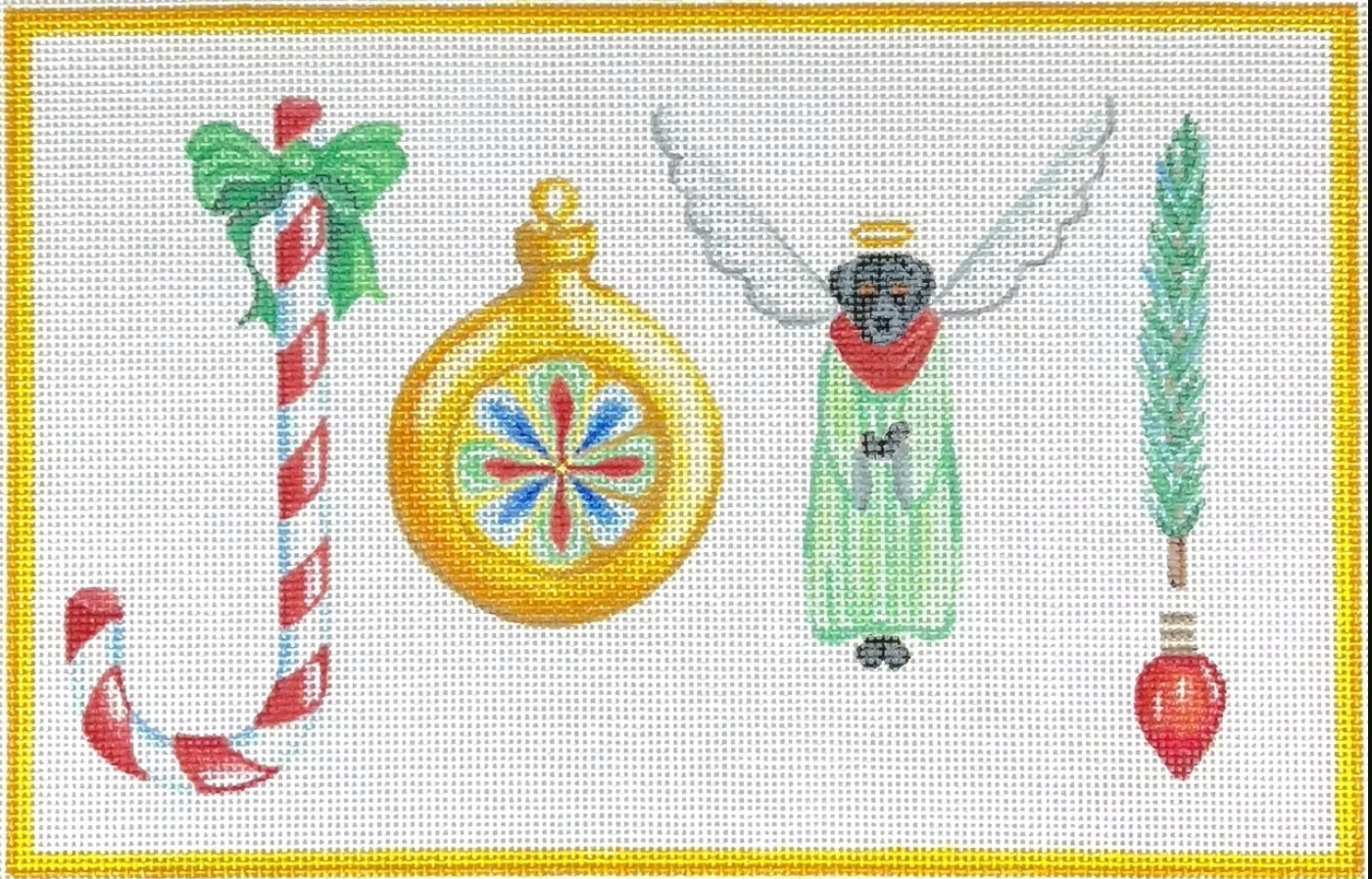WR-PL-03 - Joy! with Candy Cane, Bauble Ornament, Black Lab Angel, Pine Sprig & Lightbulb