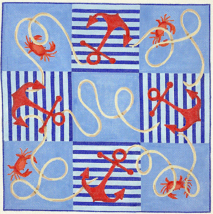 TTT-02 - Tic Tac Toe Board - Nautical Anchors and Rope With Crabs Patchwork