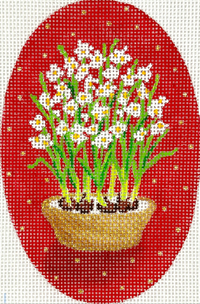 XM-183 - Paperwhites in Gold Bowl on Red with Gold Dots