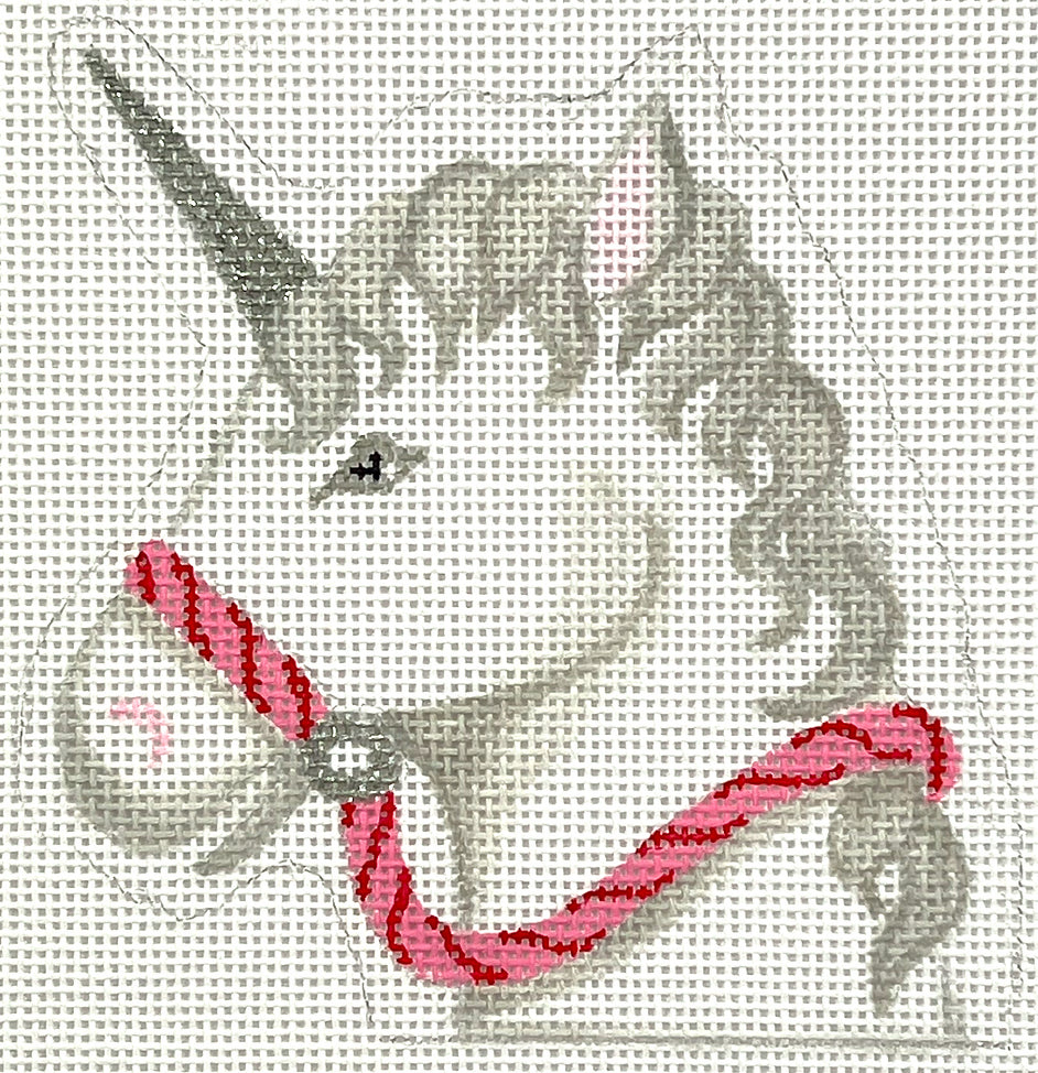 XM-195 - Unicorn with Holly Candy Cane  - Whites, Pinks and Red