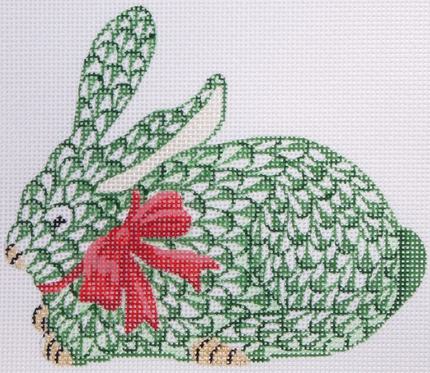 XM-92 - Herend-Inspired Crouching Bunny - Green with Red and Gold