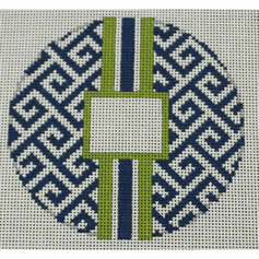 KK-O169H - Greek Key Monogram Box - Navy with Lime Green Stripe