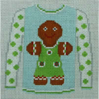 KK-O199AA - Sweater - Gingerbread Girl on Blue with Green Dot Sleeves