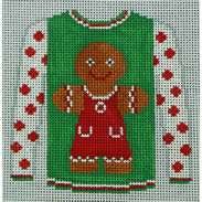 KK-O199F - Sweater - Gingerbread Girl on Green with Red Sleeves