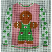 KK-O199G - Sweater - Gingerbread Girl on Pink with Green Dot Sleeves