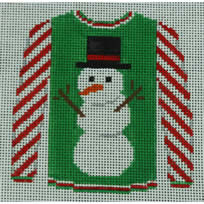 KK-O199Q - Sweater - Snowman on Green with Red Striped Sleeves