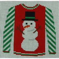 KK-O199T - Sweater - Snowman on Red with Green Striped Sleeves