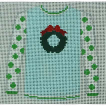 KK-O199U - Sweater - Wreath on Blue with Lime Polka Dot Sleeves