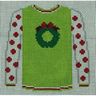 KK-O199V - Sweater - Wreath on Pale Green with Red Polka Dot Sleeves